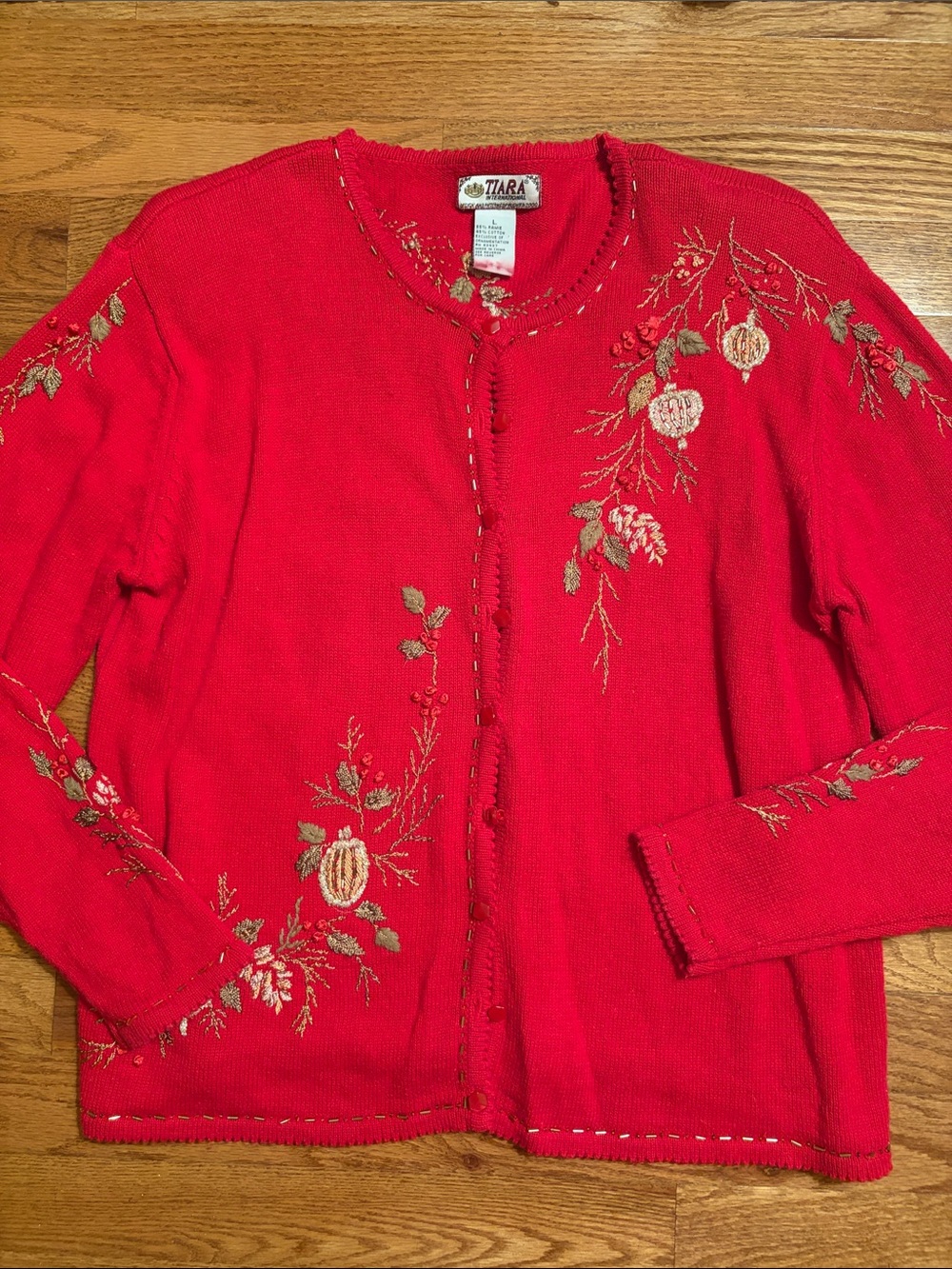 Tiara Red Embroidered Button-Front Cardigan Christmas Holiday